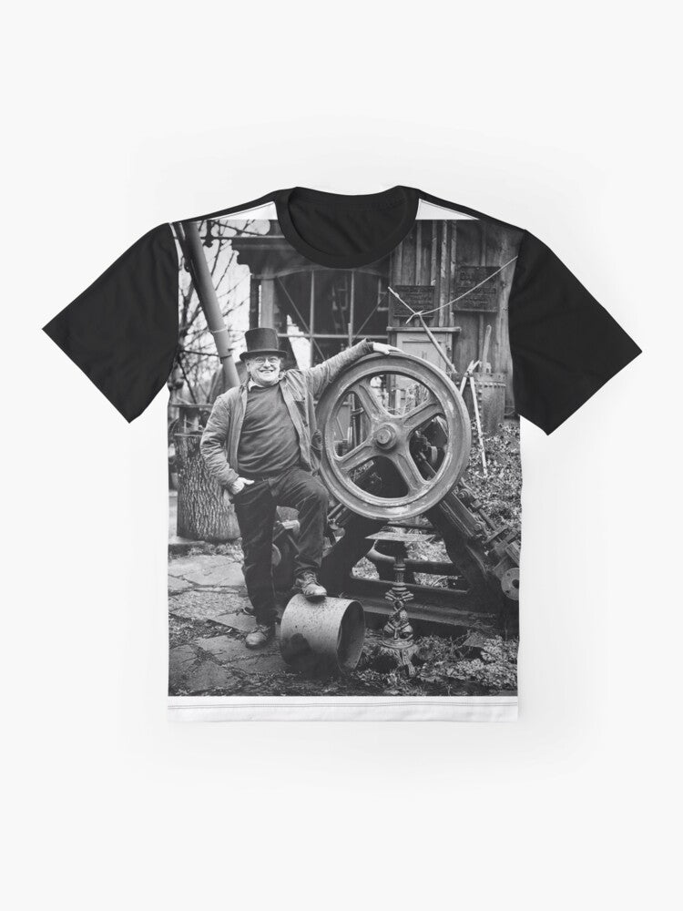 Vintage graphic t-shirt featuring an illustration of Fred Dibnah, a famous English steeplejack and industrial heritage enthusiast. - Flat lay