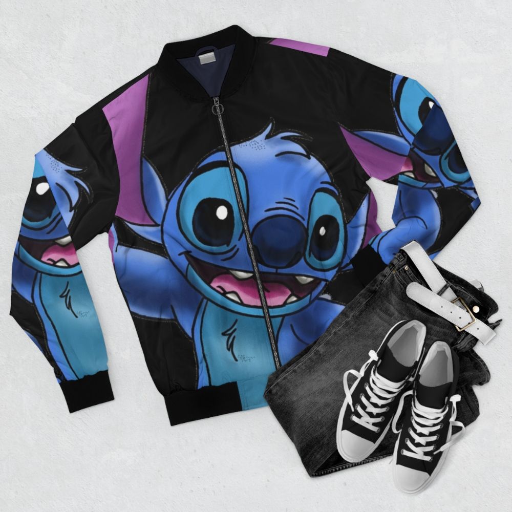 Experiment 626 (Stitch) Bomber Jacket - Sci-Fi Cute Alien Design - Flat lay