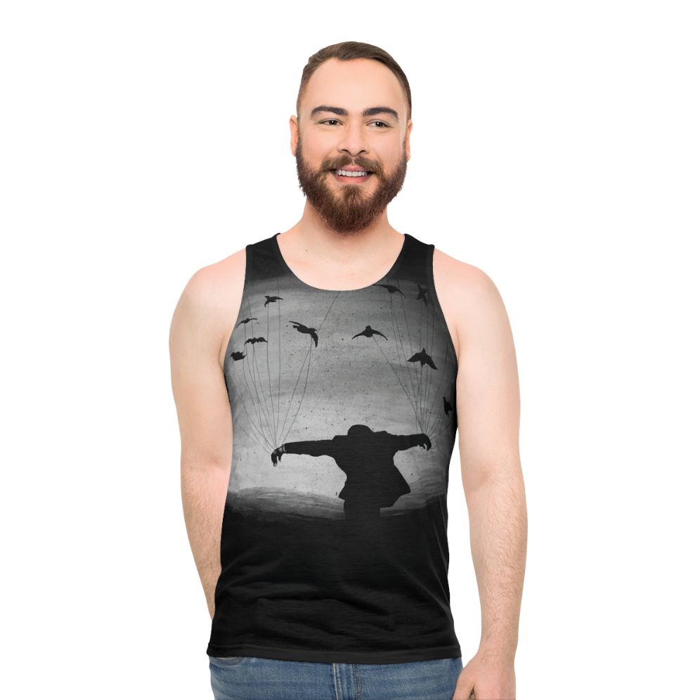 Man In Flight With Ravens Unisex Tank Top - men