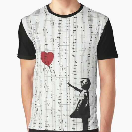 Banksy's iconic "Girl With a Red Balloon" street art design on a contemporary graphic t-shirt