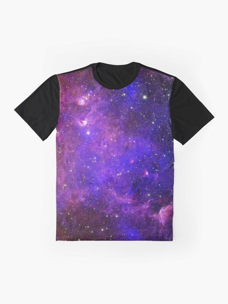 A colorful galaxy-inspired graphic t-shirt with stars, planets, and cosmic elements. - Flat lay