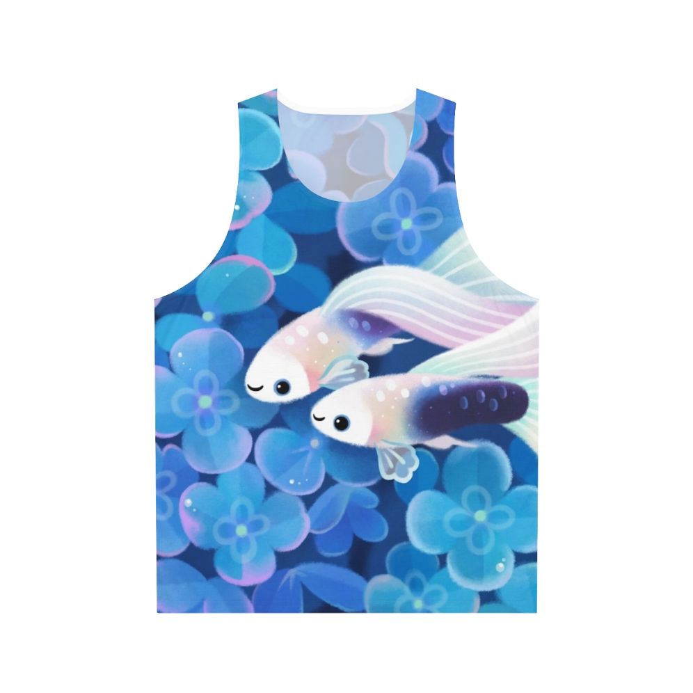 Unisex tuxedo guppy tank top with blue hydrangea floral design