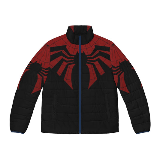 A red and black puffer jacket with a webbed design, perfect for superhero-inspired lazy cosplay.