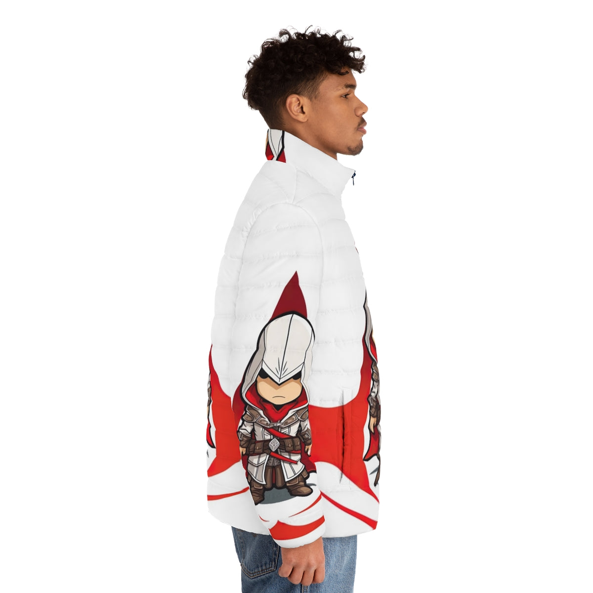 Assassin's Creed inspired chibi puffer jacket featuring the game's iconic logo - men side right