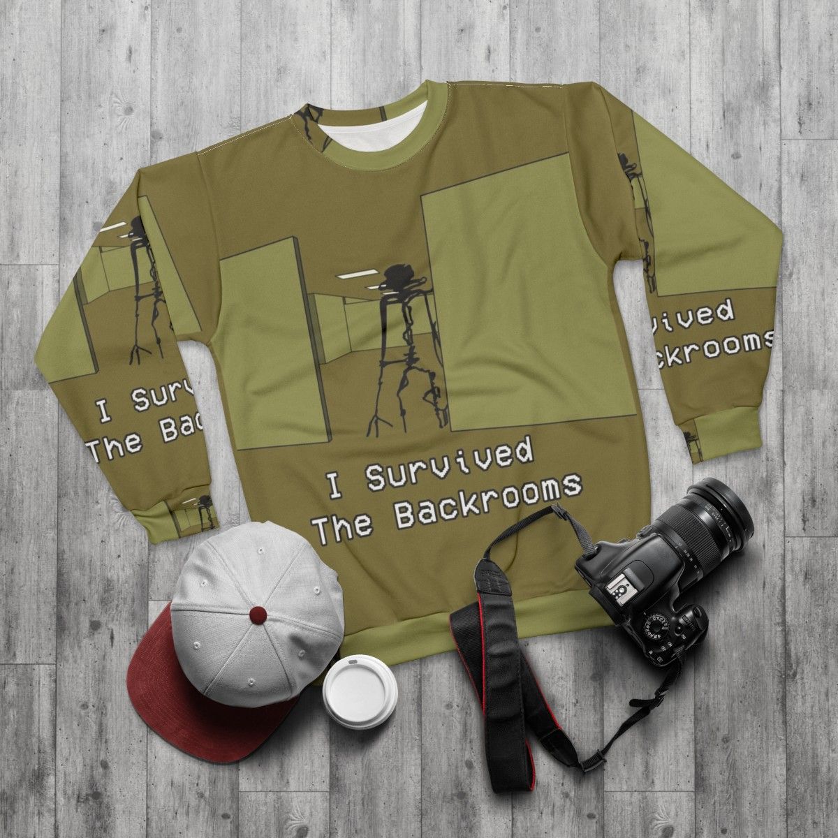 The Backrooms inspired creepy sweatshirt with horror fan art design - flat lay