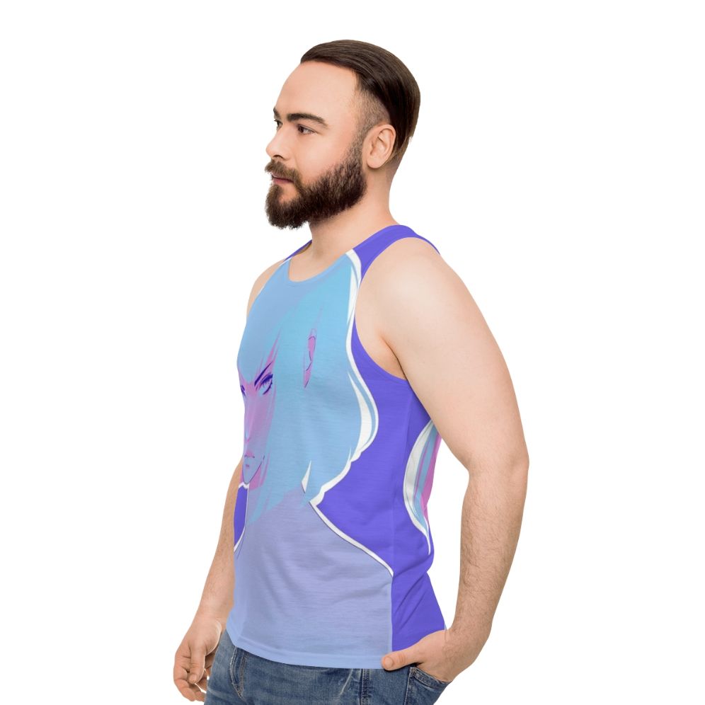 Colorful unisex winter tank top with anime-inspired flat design - men side