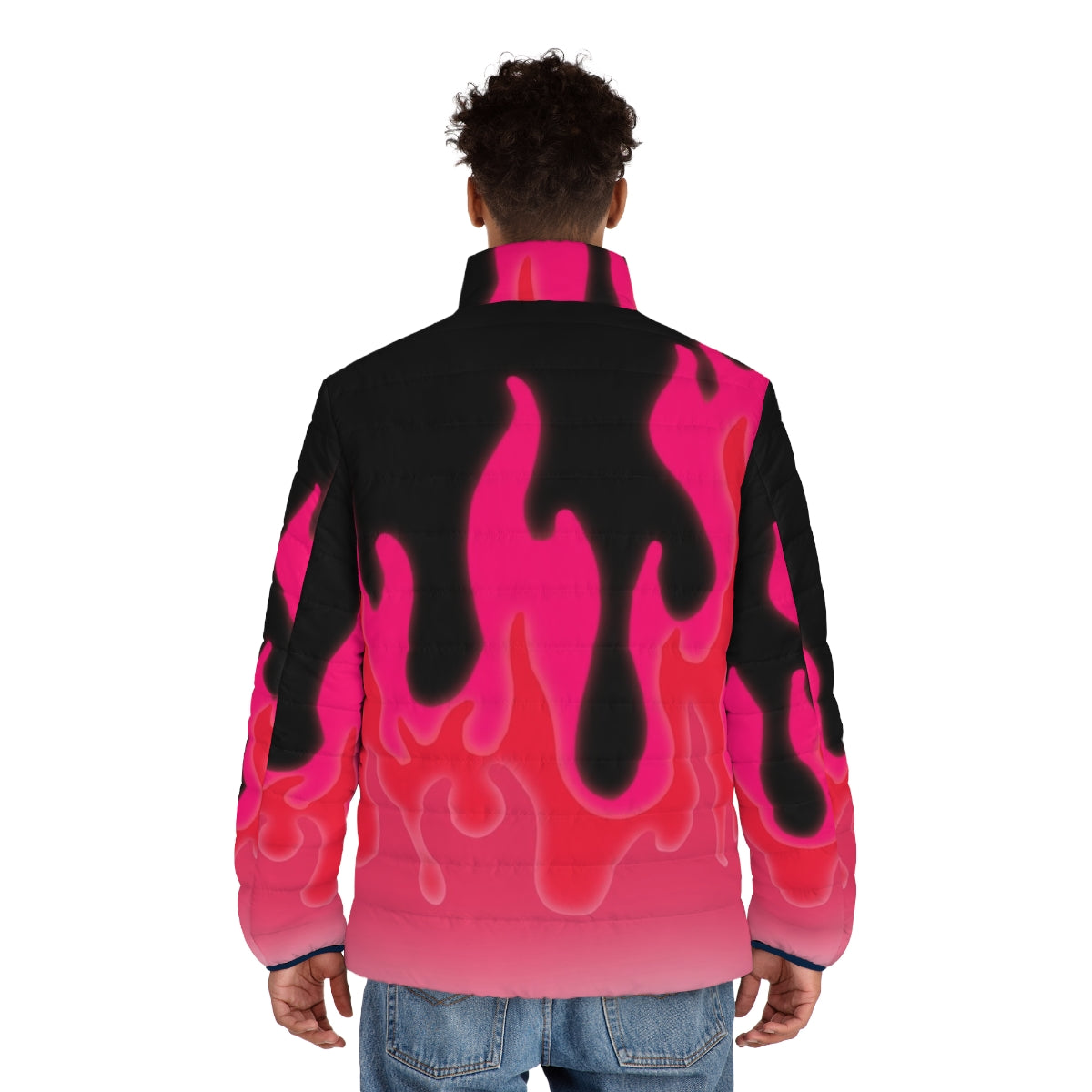 Reddish pink puffer jacket with vibrant flames pattern - men back