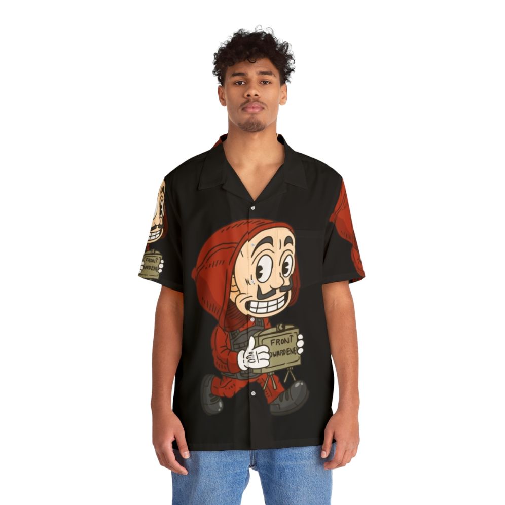 Vintage cartoon-style Hawaiian shirt with money heist design - People Front