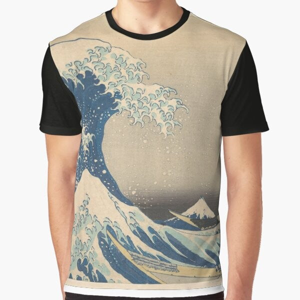 Graphic t-shirt featuring Hokusai's iconic "The Great Wave off Kanagawa" artwork