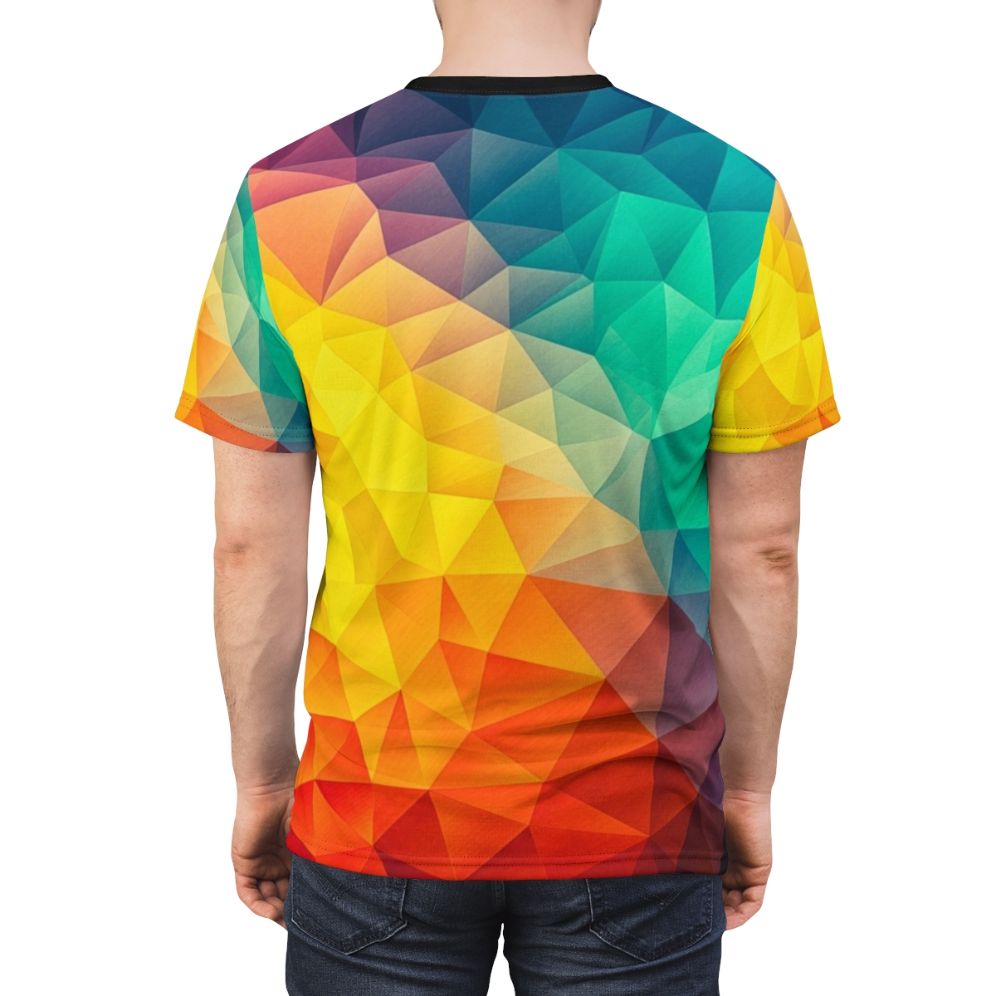 Vibrant abstract geometric t-shirt with a colorful minimalist polygon pattern design - men back