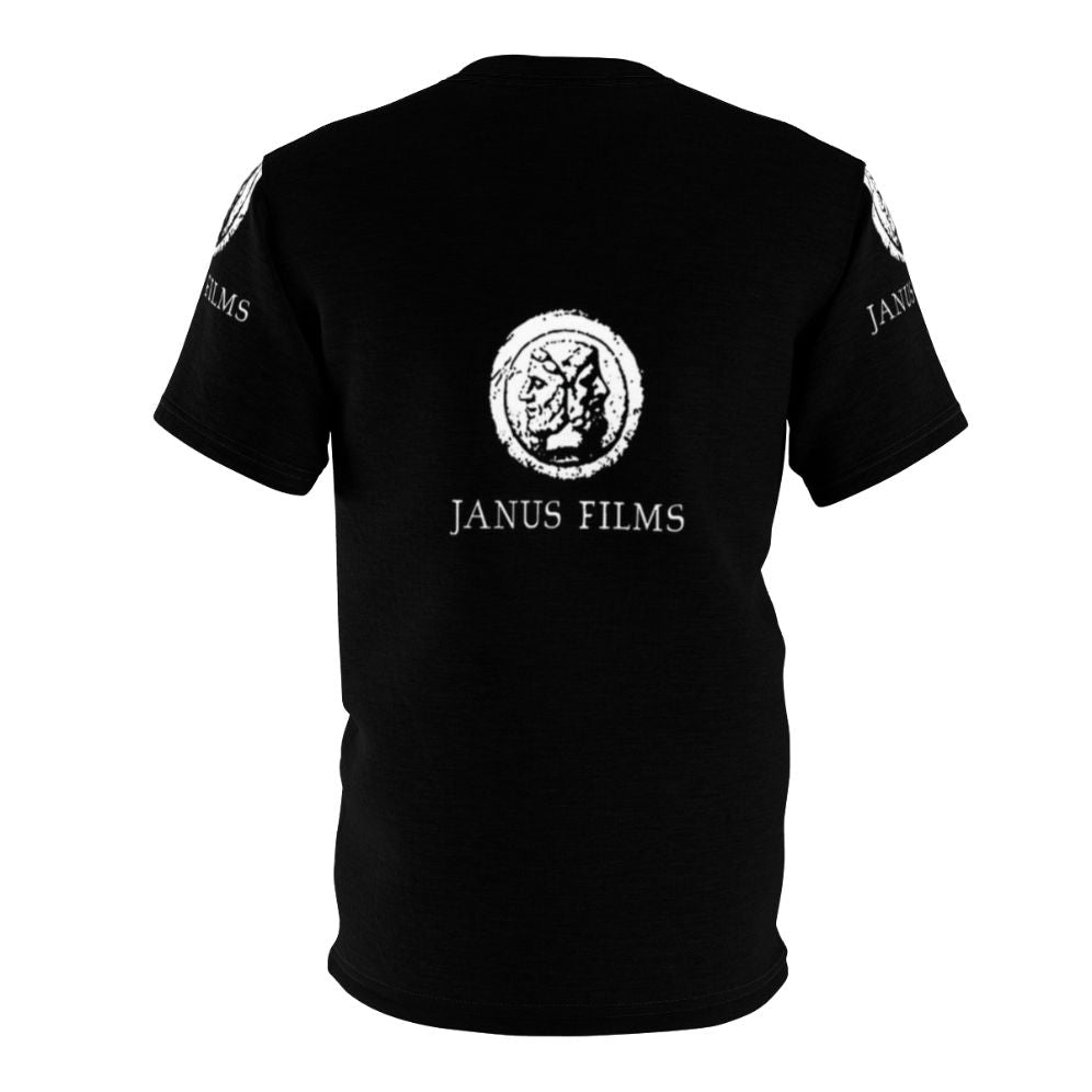 A high-quality all-over print t-shirt featuring the iconic Janus Films logo, designed for classic cinema and film enthusiasts. - Back