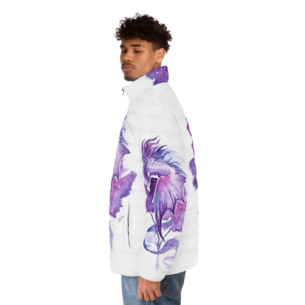 Lilac Dragon Puffer Jacket with magical, nature-inspired design - men side left