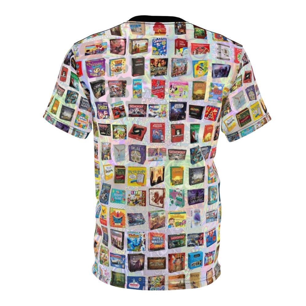 Model wearing a t-shirt featuring an all-over print design with various board game pieces and elements. - Back