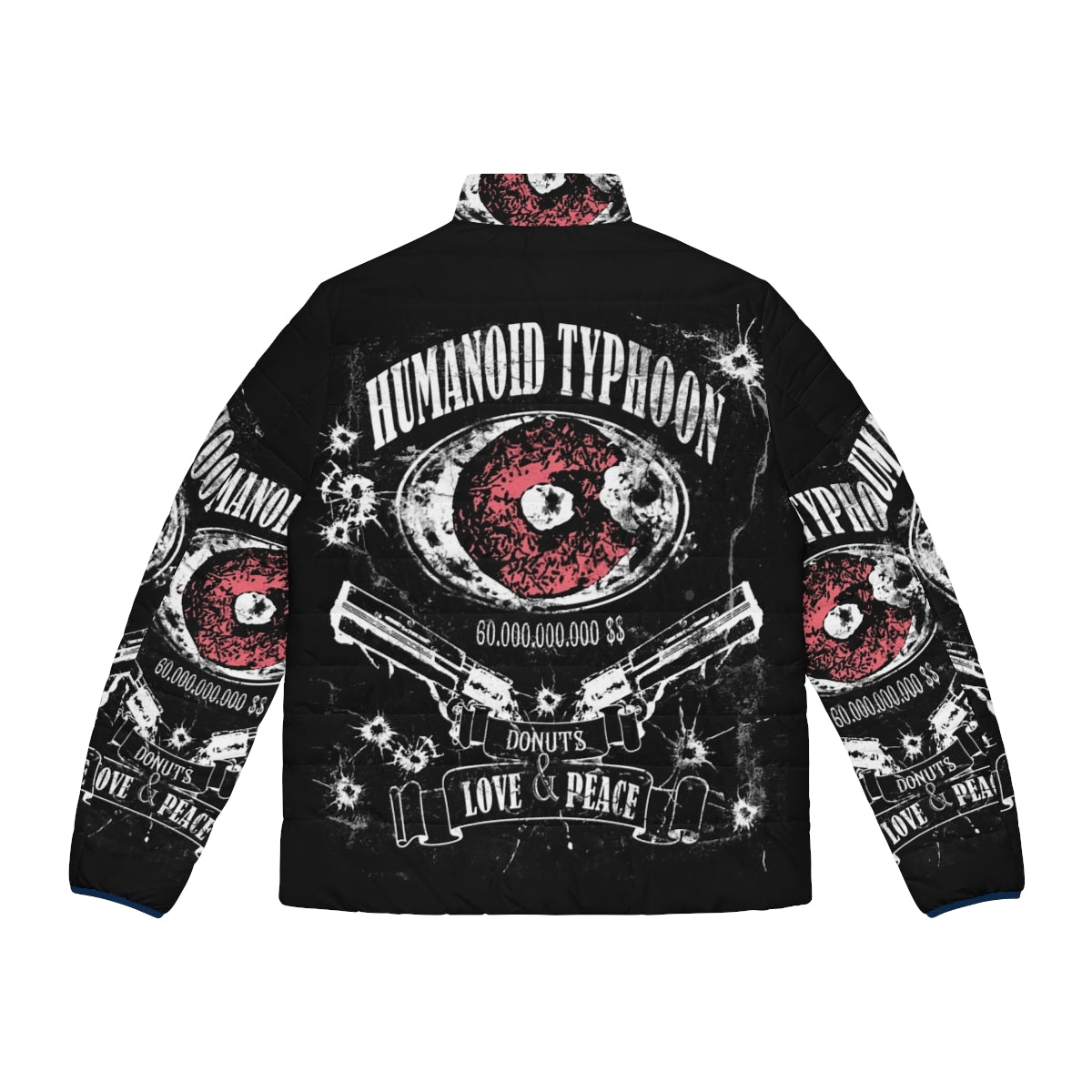 Trigun inspired Humanoid Typhoon puffer jacket with donuts design - Back