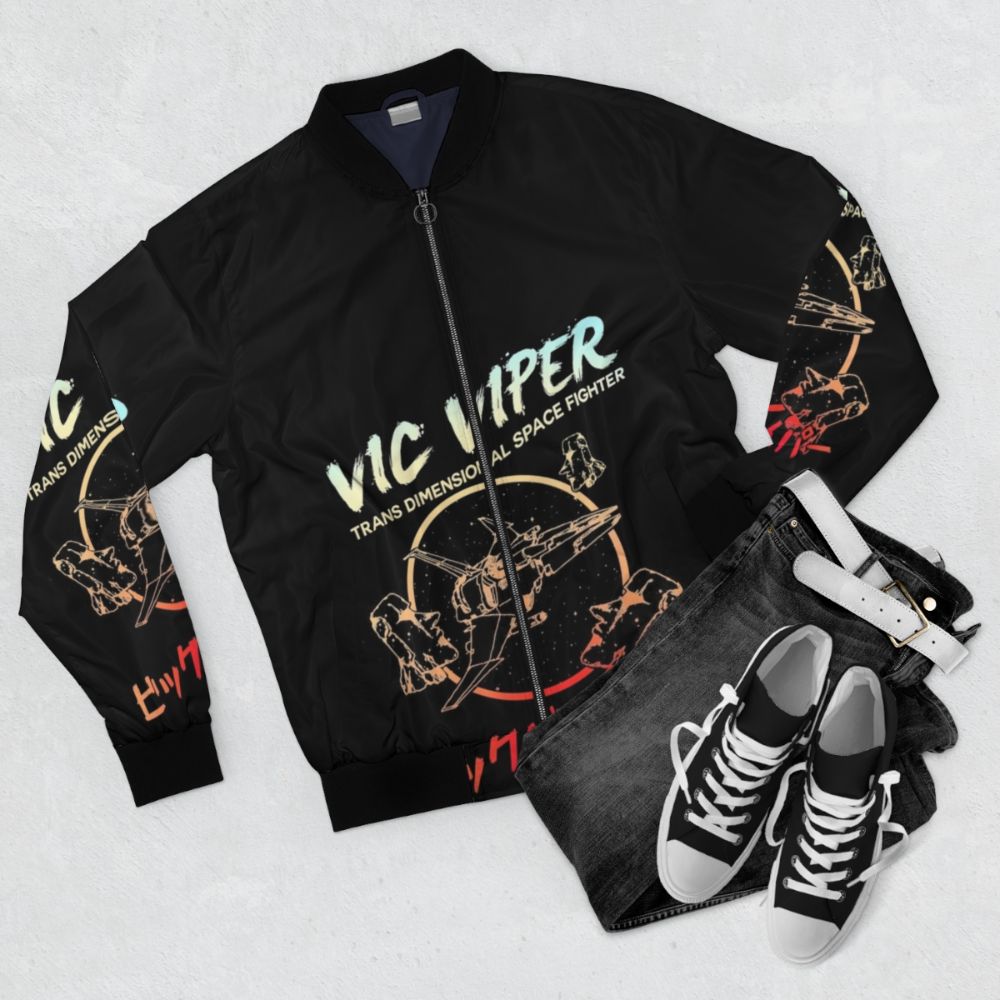 Retro Vic Viper bomber jacket with space-themed graphics for video game enthusiasts. - Flat lay