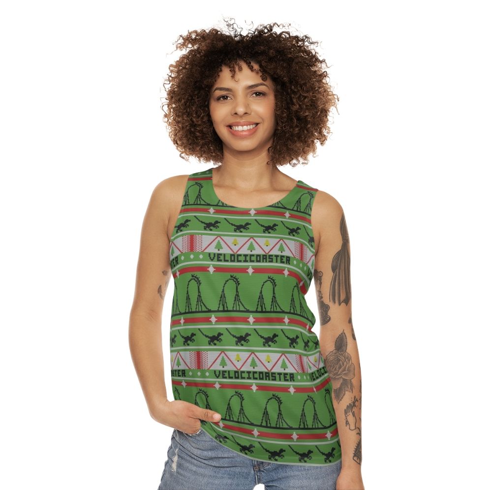 Velocicoaster Unisex Tank Top with Ugly Christmas Sweater Dinosaur Design - women