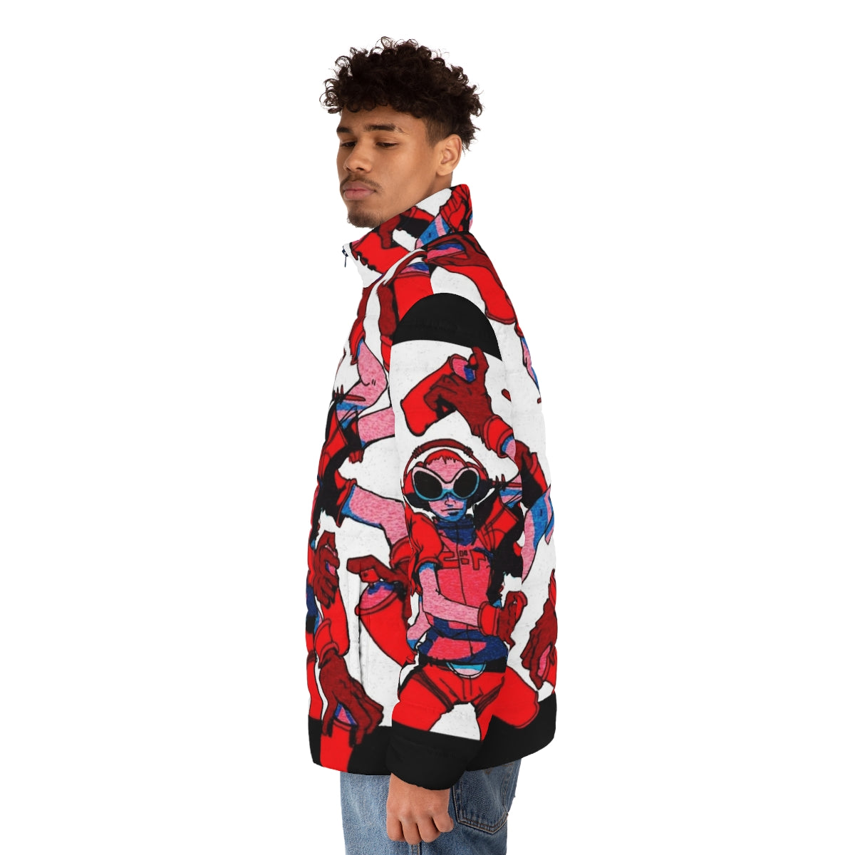 Jet Set Radio inspired puffer jacket with vibrant colors and retro gaming graphics - men side left