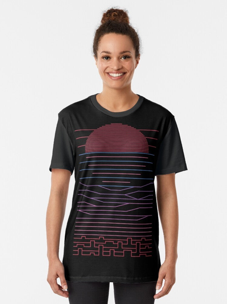 A graphic t-shirt design featuring a minimalist landscape with the sun, mountains, ocean, and city in the distance, with a focus on the keywords 'escape', 'travel', and 'summer'. - Women