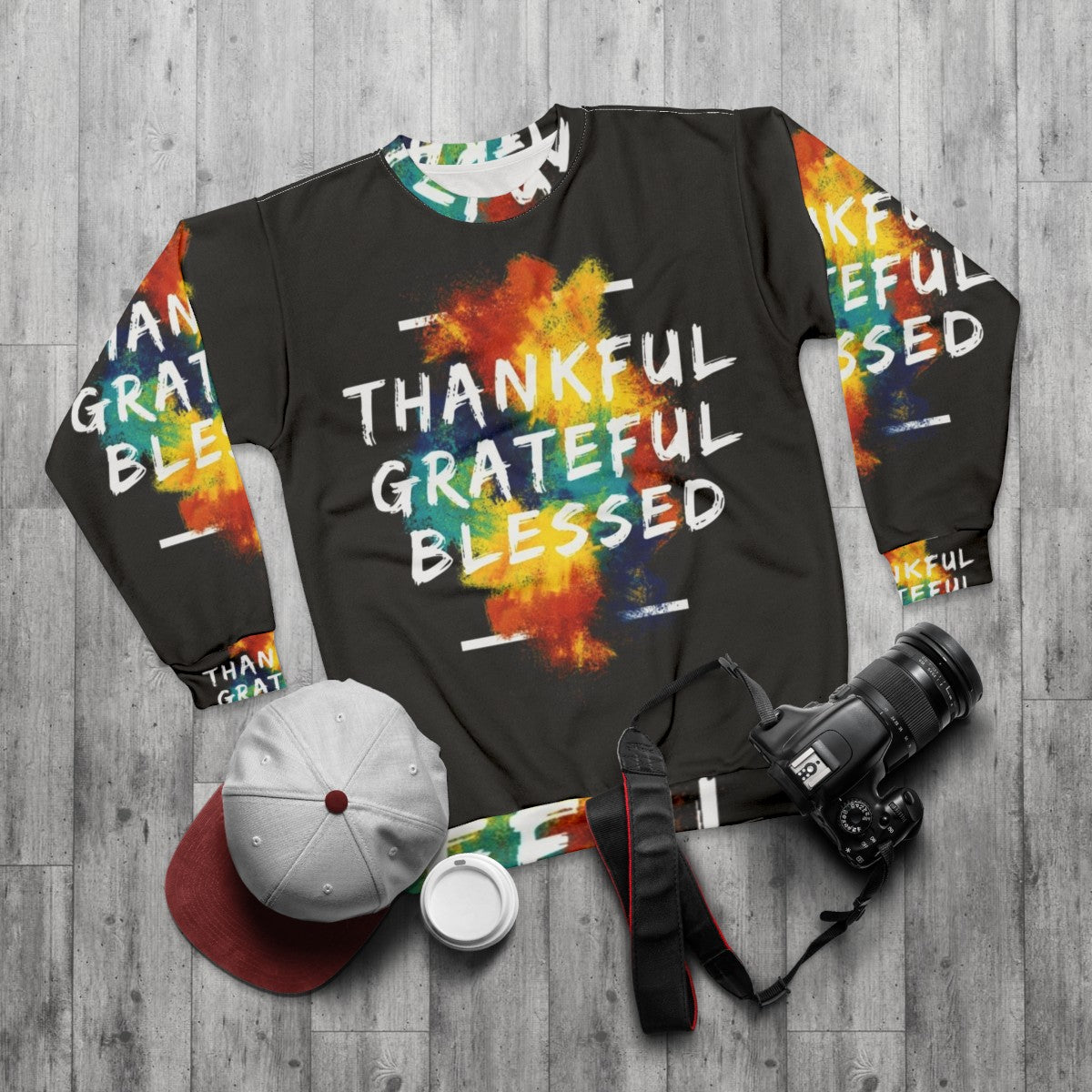 Thankful, Grateful, and Blessed Inspirational Sweatshirt - flat lay