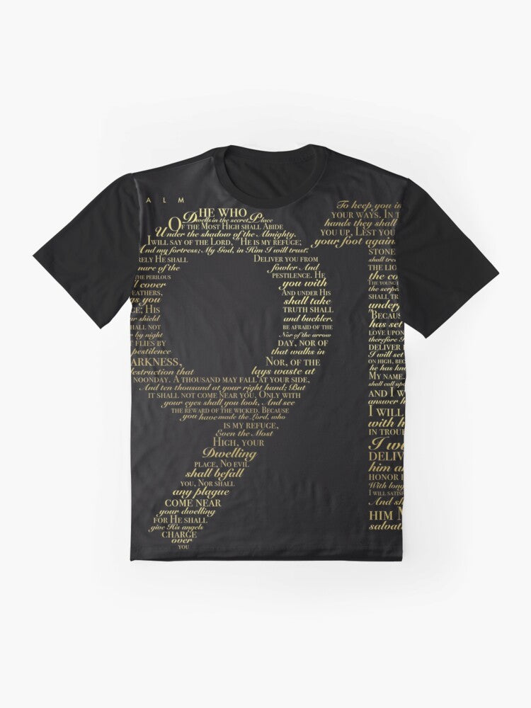 Psalm 91 black and gold graphic t-shirt with bible verse typography - Flat lay