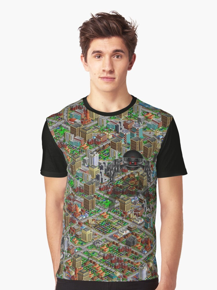 Retro SimCity 2000 pixel art graphic t-shirt with high contrast design - Men