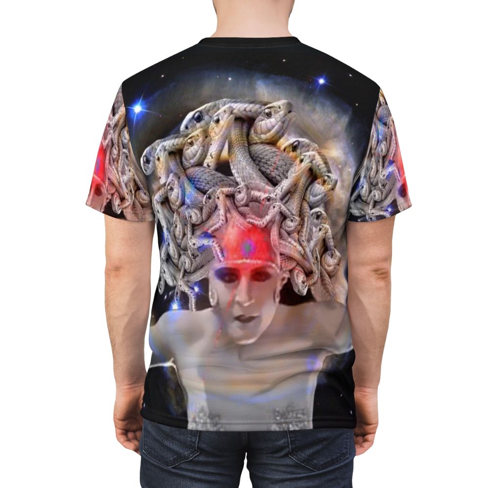 Medusa graphic t-shirt featuring a colorful, abstract design inspired by Greek mythology - men back