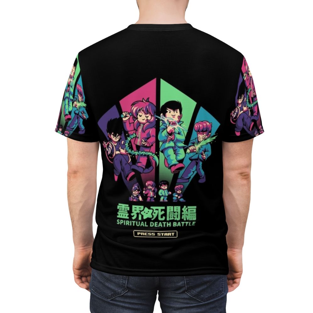 Spiritual Battle Inspired T-shirt with Nostalgic Anime Pixel Art Design - men back