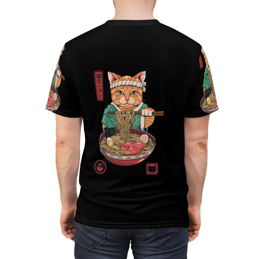 Illustration of a cat enjoying a bowl of ramen noodles - men back