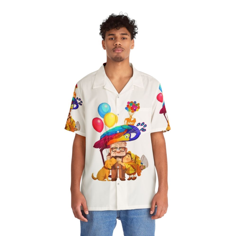 Colorful Hawaiian shirt featuring hot air balloons, inspired by the Pixar film 'Up' - People Front