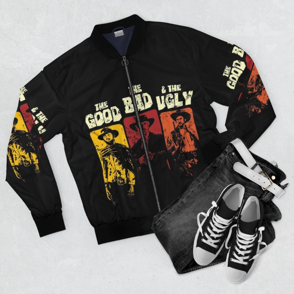 Vintage bomber jacket inspired by the classic film "The Good, The Bad, and The Ugly" - Flat lay