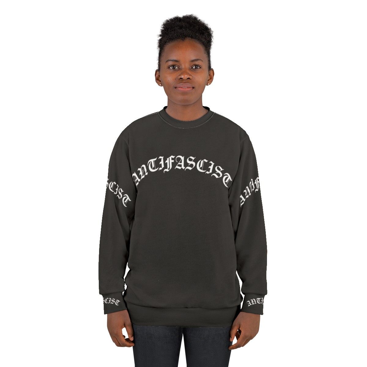 Antifascist gothic text sweatshirt with progressive and leftist design - women