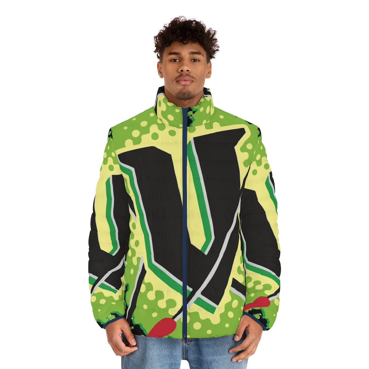 V Energy Logo Corner Puffer Jacket featuring the iconic V Energy drink logo - men front