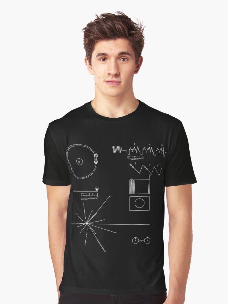 Voyager Golden Record graphic t-shirt featuring a diagram of the golden record and text about Carl Sagan and space exploration - Men