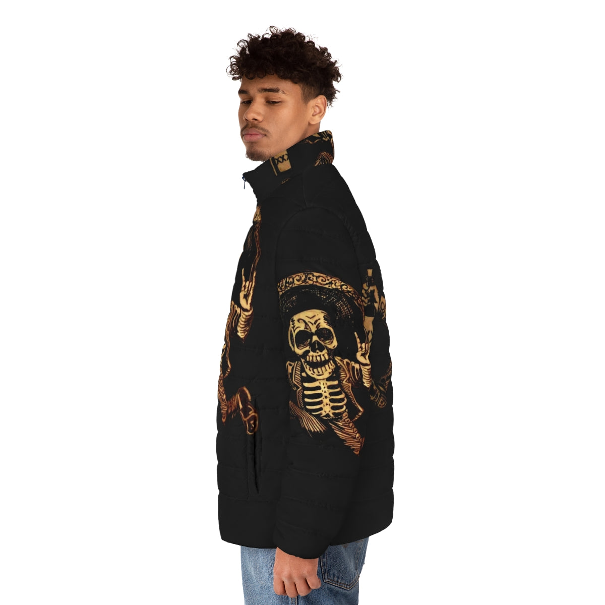 Dia de los Muertos inspired puffer jacket with sugar skull and outlaw design - men side left