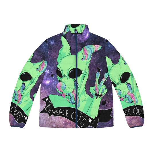 Puffer jacket featuring a space-inspired design with galaxy graphics and an alien dog