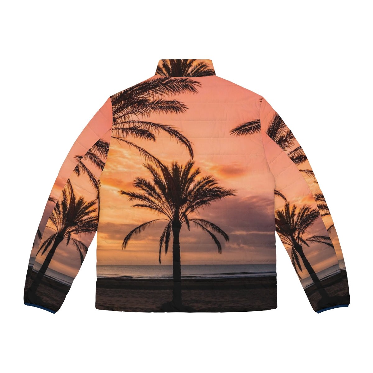 A person wearing a puffer jacket with a scenic view of the sun rising among palm trees on a beach - Back