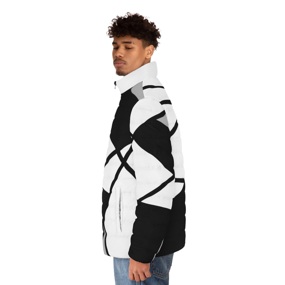 Black puffer jacket with modern geometric pattern - men side left