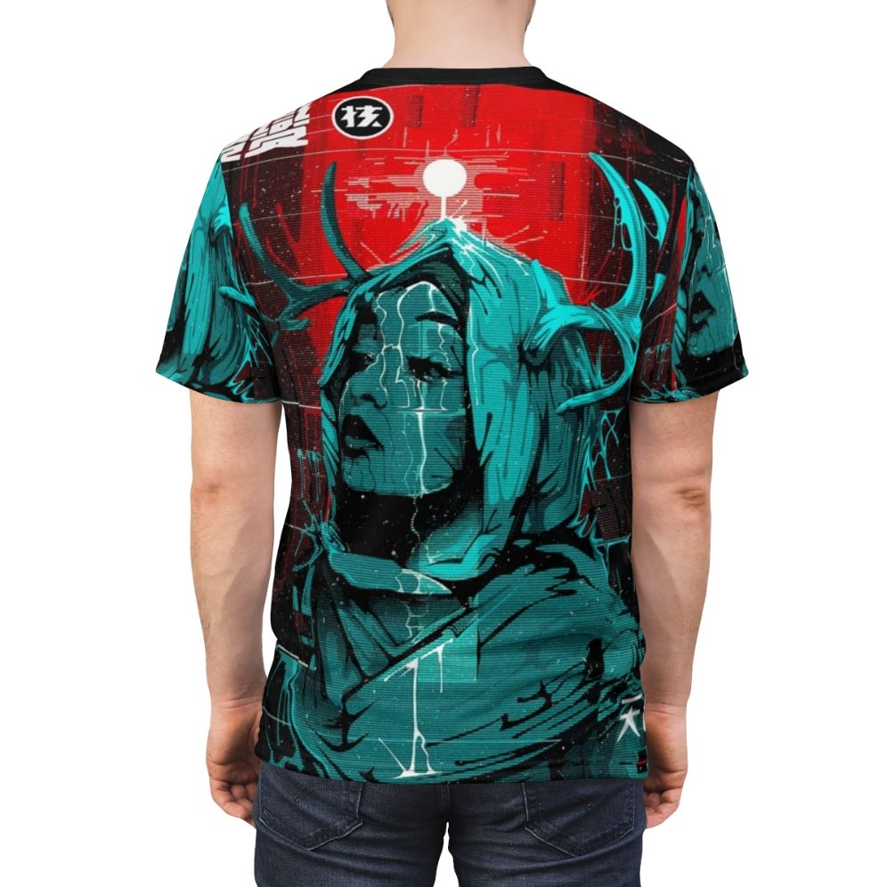 Cyberpunk inspired T-shirt design featuring a futuristic glitch girl in an urban style - men back