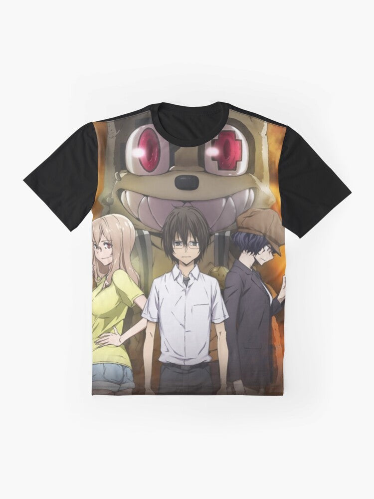 Gleipnir anime graphic t-shirt featuring the coin gatherer character from the popular manga and anime series. - Flat lay