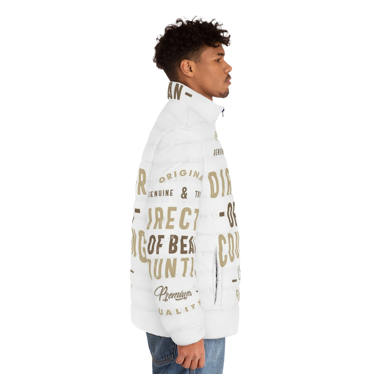 Director of Bean Counting Puffer Jacket with Typographic Design - men side right