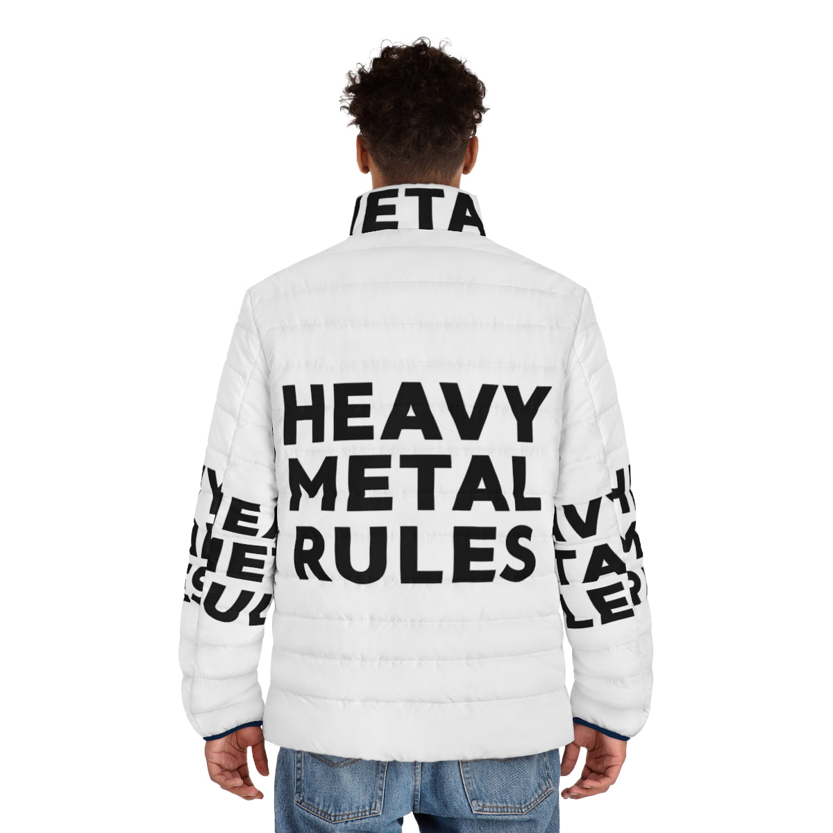 Heavy Metal Rules Raglan Baseball Puffer Jacket featuring a bold graphic design for metalheads - men back