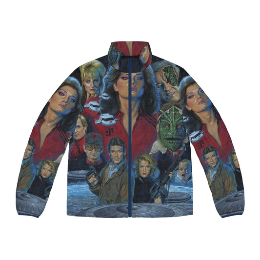 V Visitors No Text Puffer Jacket featuring retro sci-fi inspired design