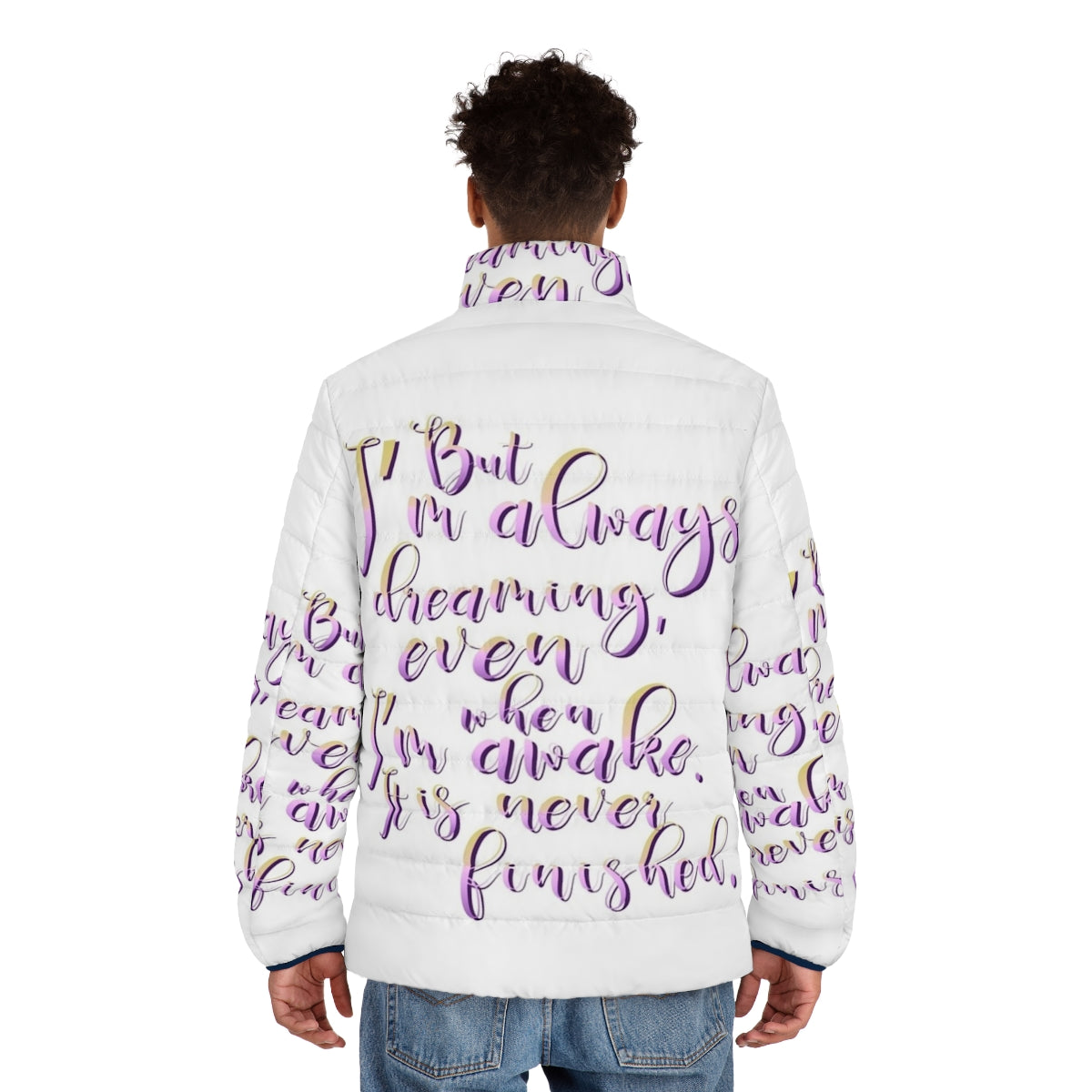 The Last Unicorn Quote Puffer Jacket featuring a whimsical unicorn design - men back