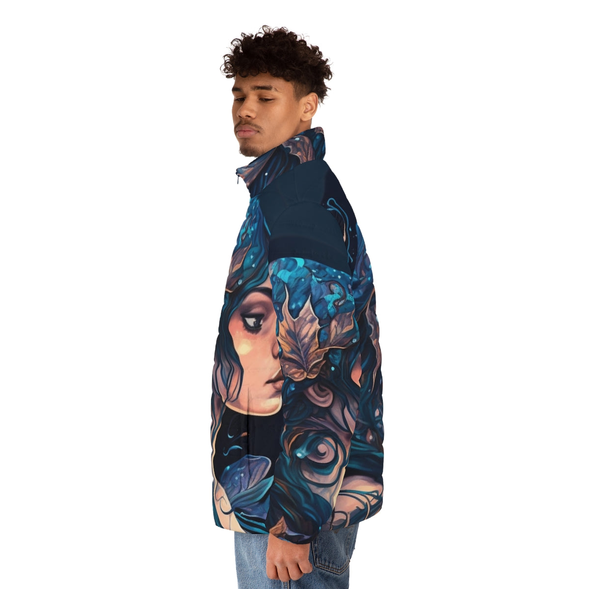 Mythical sea creatures puffer jacket featuring fantastical designs - men side left