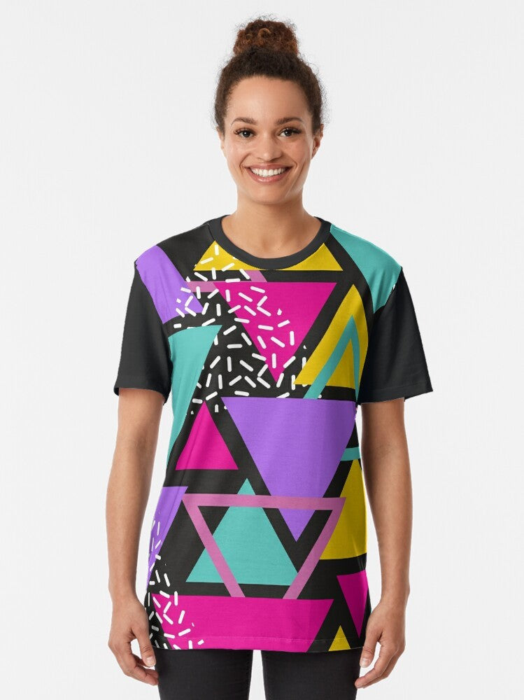 Memphis Triangles Graphic T-Shirt - Retro 80s/90s Geometric Design - Women