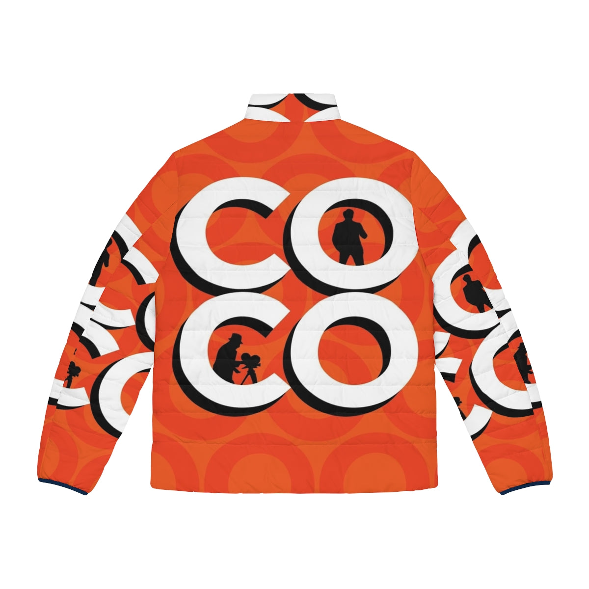 Conan O'Brien's "Team Coco" puffer jacket with silhouette and typography design - Back