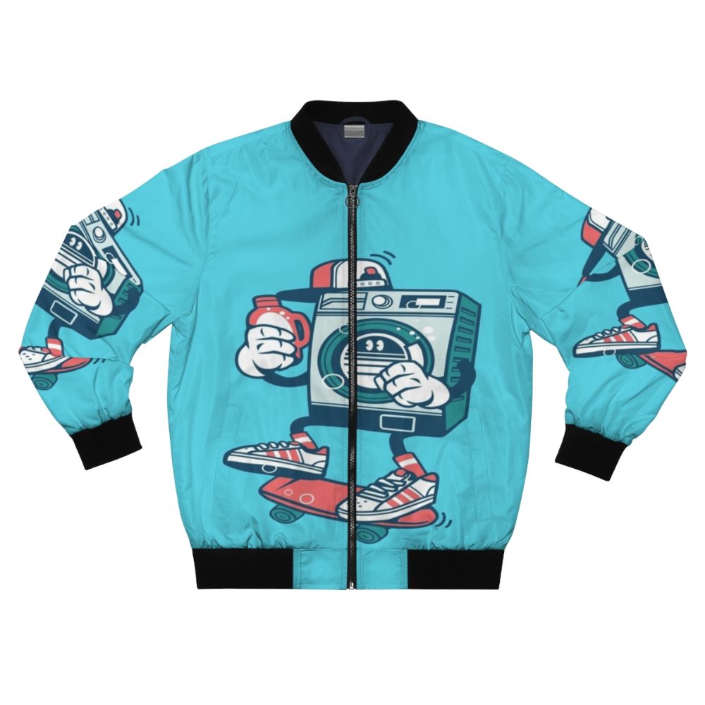 Colorful and vintage-inspired bomber jacket with a washing machine graphic design