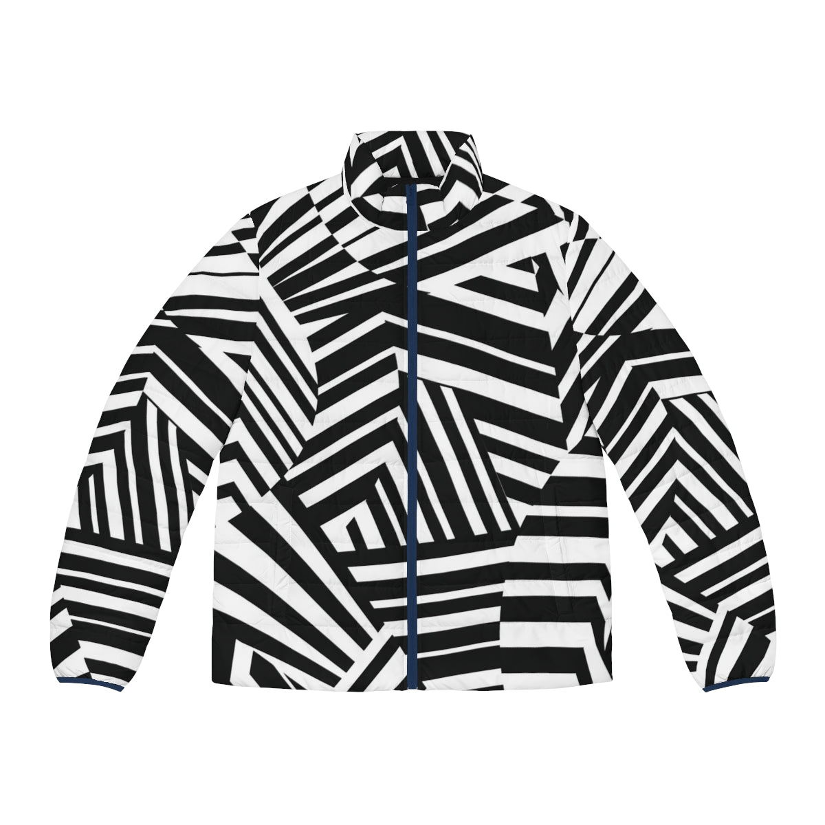 Model wearing a minimalist dazzle camouflage puffer jacket