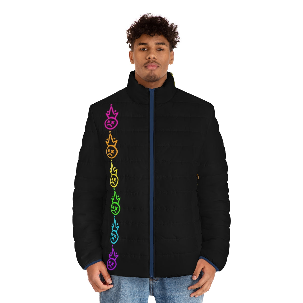 Colorful rainbow puffer jacket featuring the Fall Out Boy (FOB) logo - men front