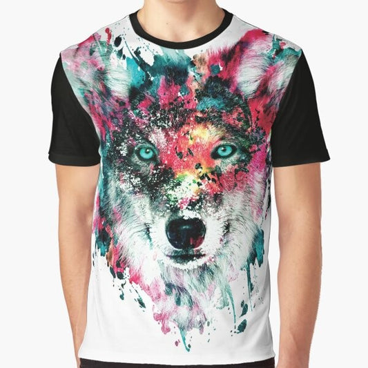 Vibrant and abstract watercolor wolf face graphic t-shirt design